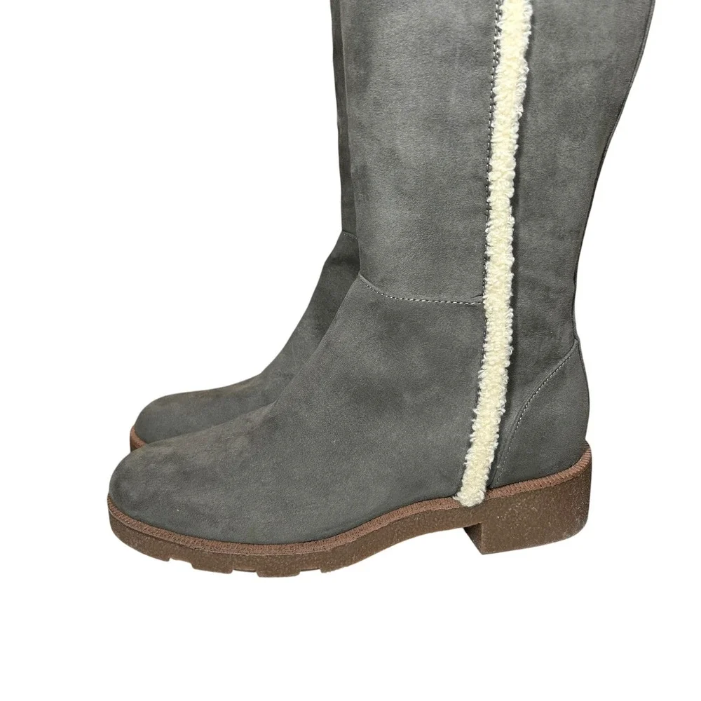 Dr Scholls Gray Faux Suede Knee High Boots Faux Shearling Trim Side Zip Lug Sz 8